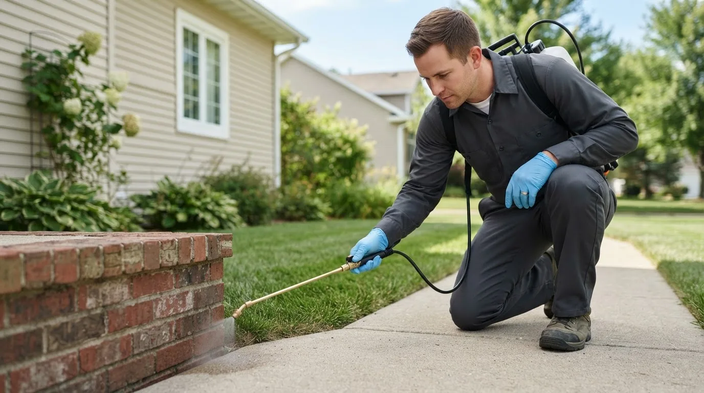 Pest control technician treating a home near Reva, SD