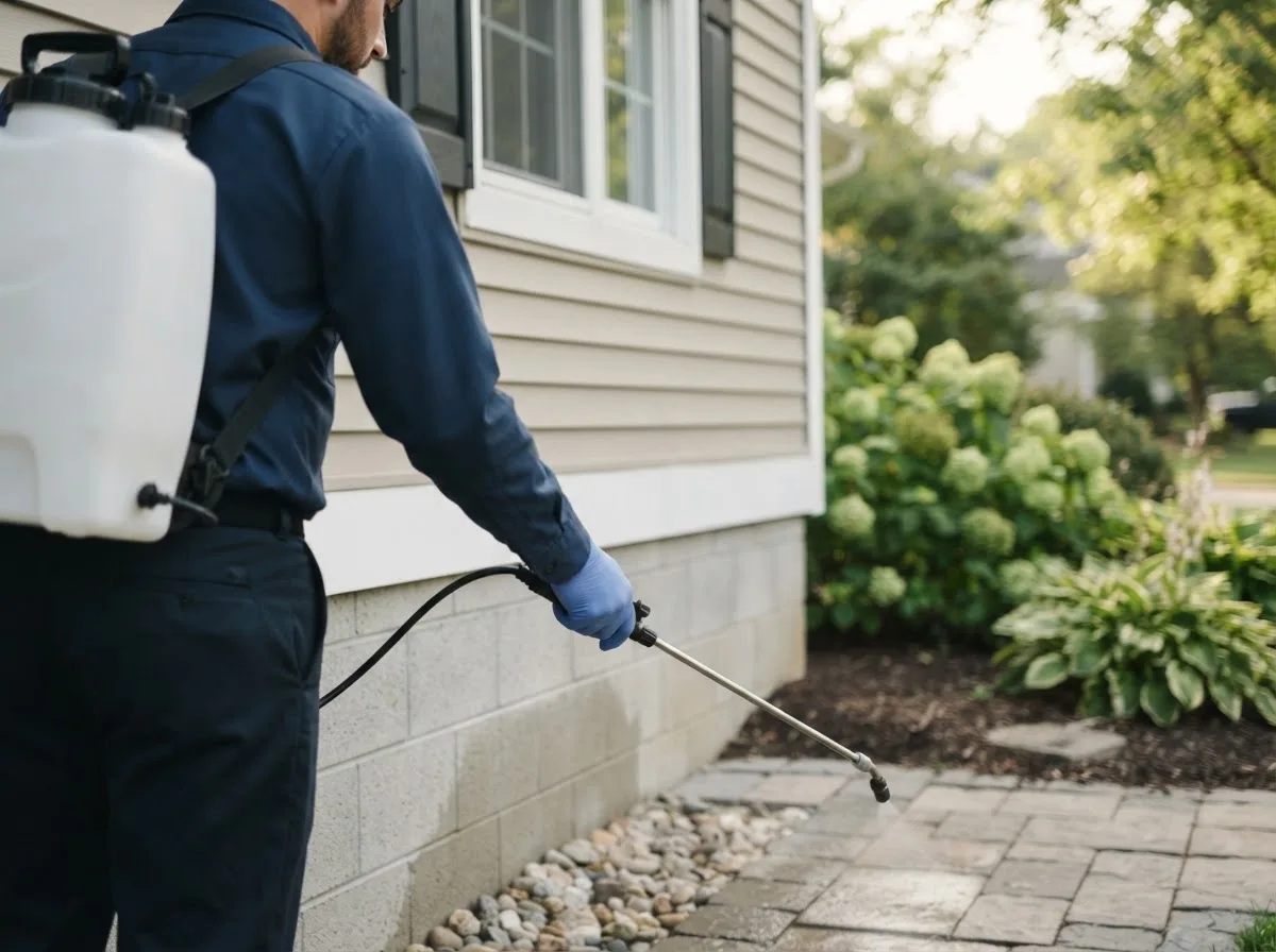 Pest control technician inspecting a home in Reva, SD